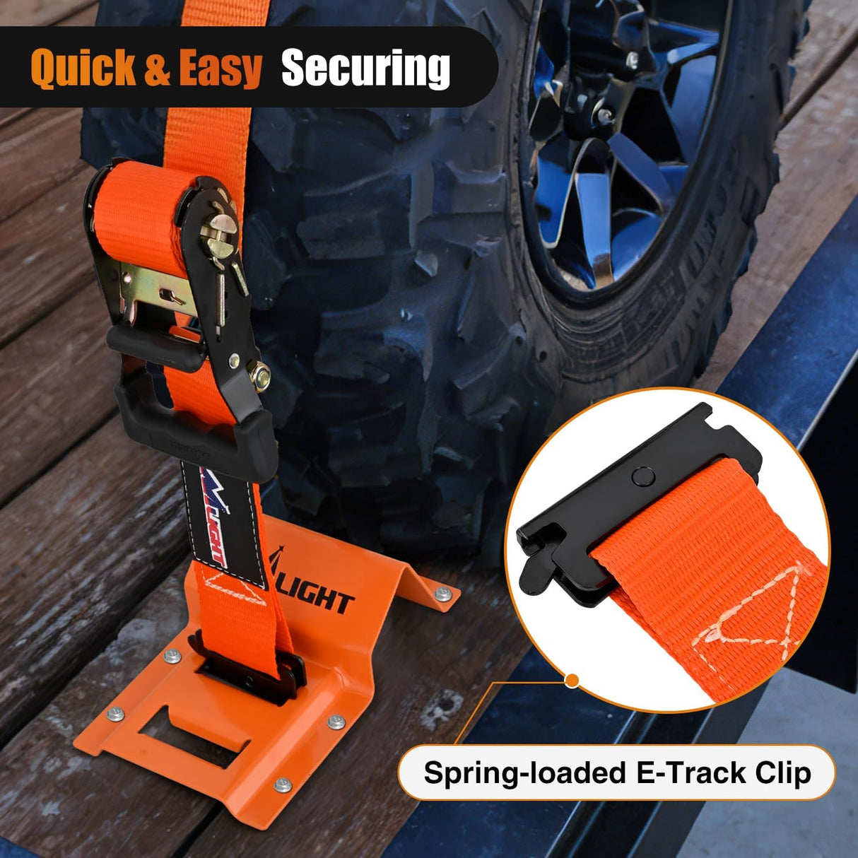Wheel Chock Tie Down Kit 4500lb Break Strength 4Pcs E-Track Ratchet Straps 8 Pcs Heavy Duty Trailer Tire Straps System for ATV, UTV, Lawn Mower,SXS 10 in-30 in Diameter Tires Orange