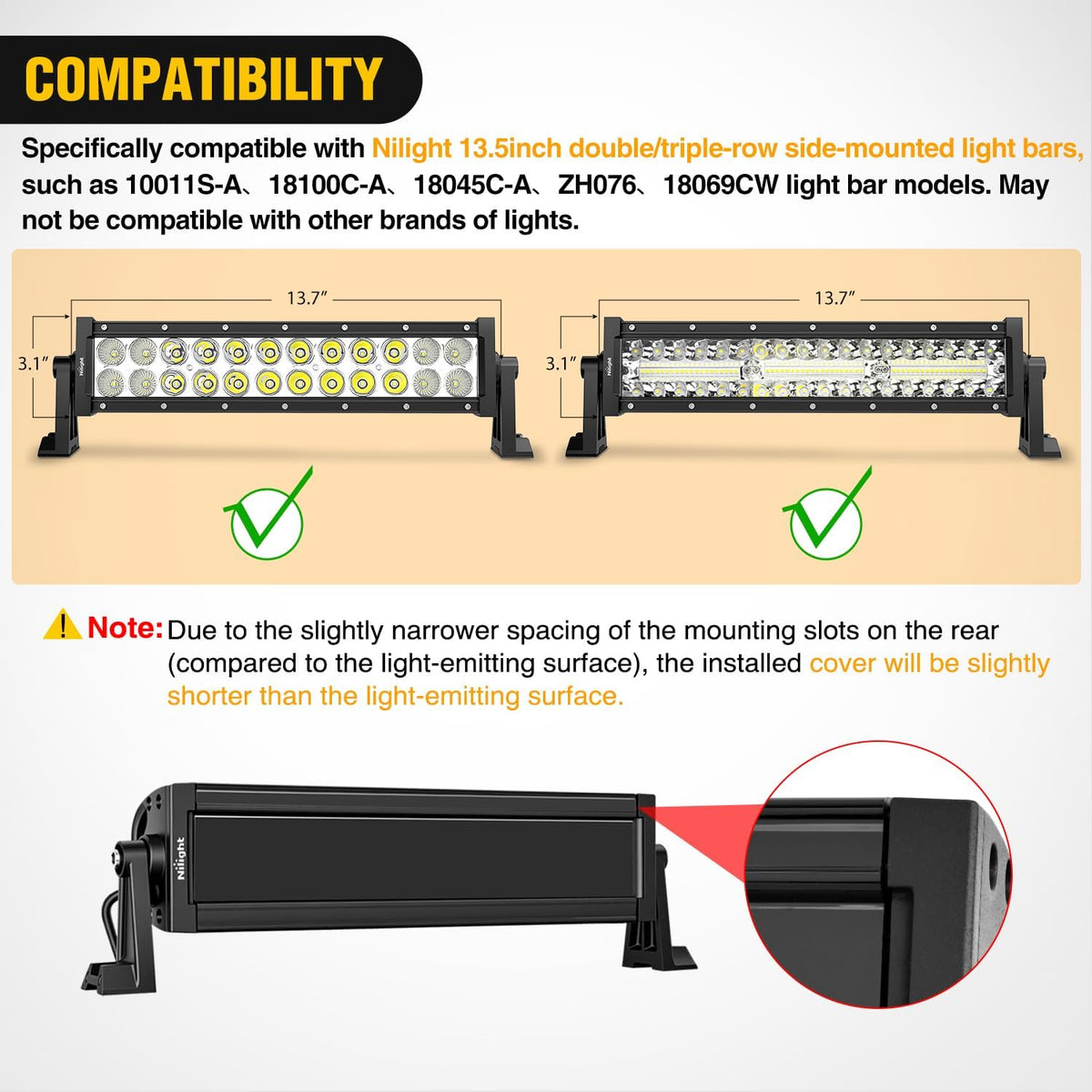 13.5 Inch Spot Flood Combo LED Light Bar Black Cover | Protective Durable Polycarbonate Lens, Waterproof Dustproof Scratch-Proof for Side-Mounted Bumper Off Road Driving Fog Lamp