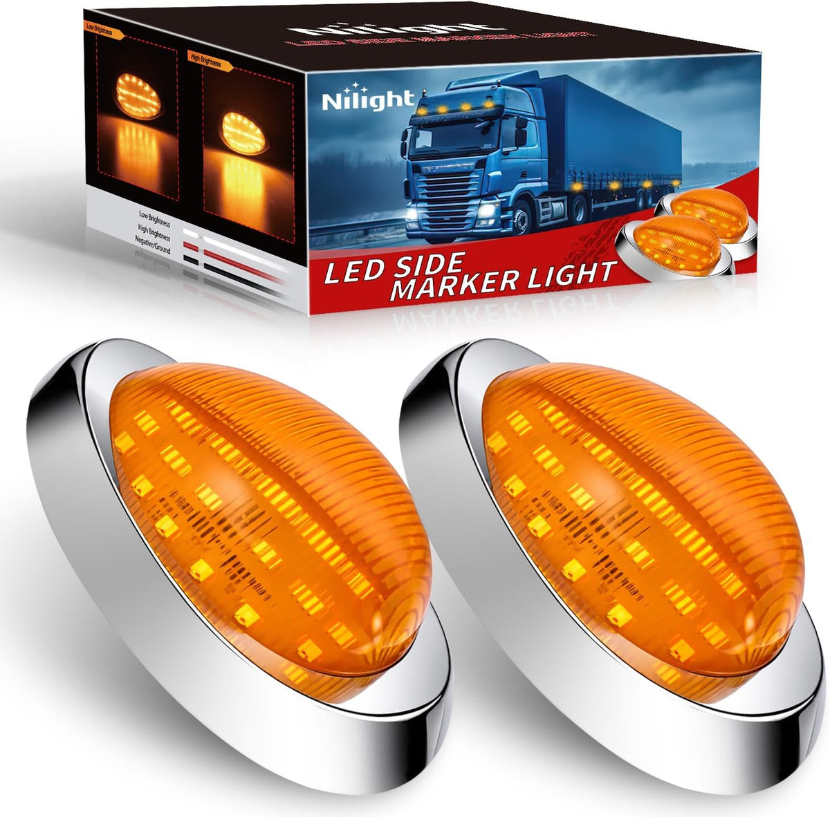 6 Inch Amber Teardrop Side Marker Light,18 LED Turn Signal | Amber Lens Chrome Bezel IP67 Waterproof Surface Mount 2 Pack Fits Freightliner Century Columbia & Coronado Trucks Trailers