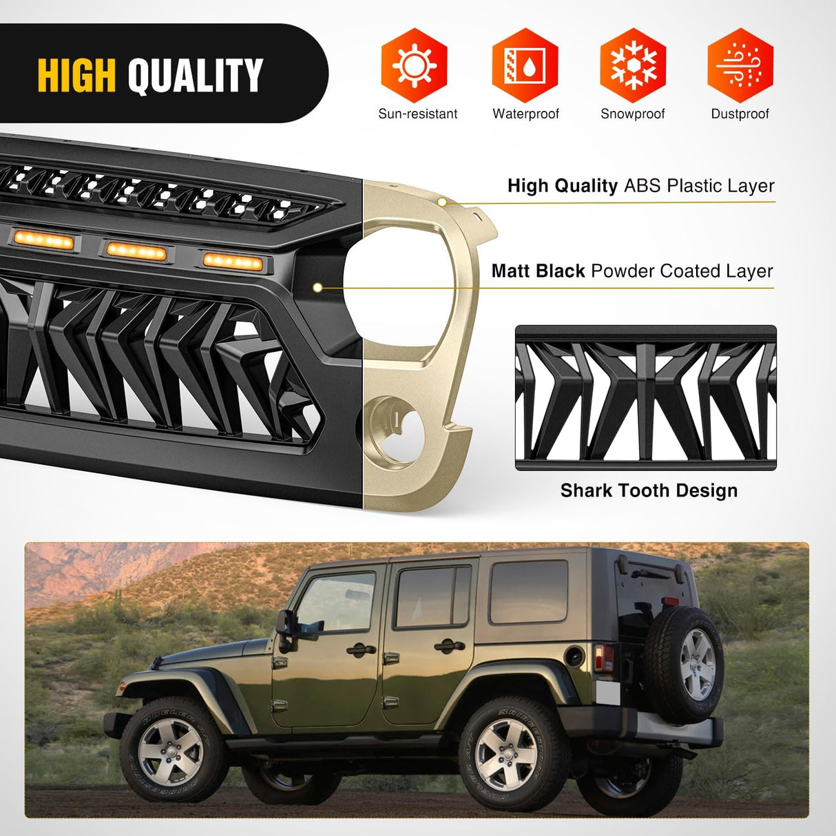 Front Grill Cover for 2007 2008 2009 2010 2011 2012 2013 2014 2015 2016 2017 2018 Wrangler JK/JKU Rubicon & Sahara Sport with LED Amber Lights Black