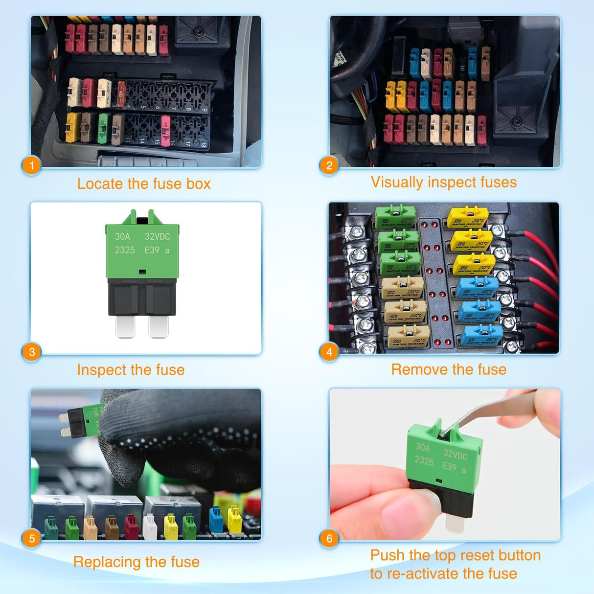 6PCS Circuit Breaker Manual Resettable Fuse Assortment Kit 12V-32V Low Profile ATO ATC Standard Regular 5A 10A 15A 20A 25A 30A Blade Fuses for Automotive Cars Trucks SUV Boat
