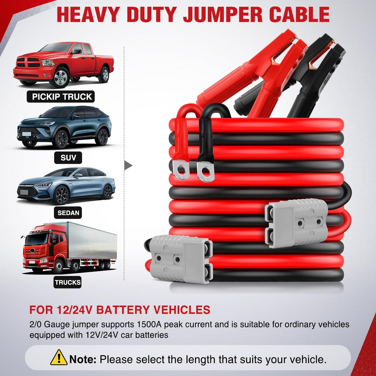 2/0 Gauge 30 Feet Heavy Duty Jumper Cables 1500 Amp Booster Battery Cables with Permanent Installation kit and Quick Connect Plug Includes carrying bag for 12V & 24V Cars SUVs and Trucks