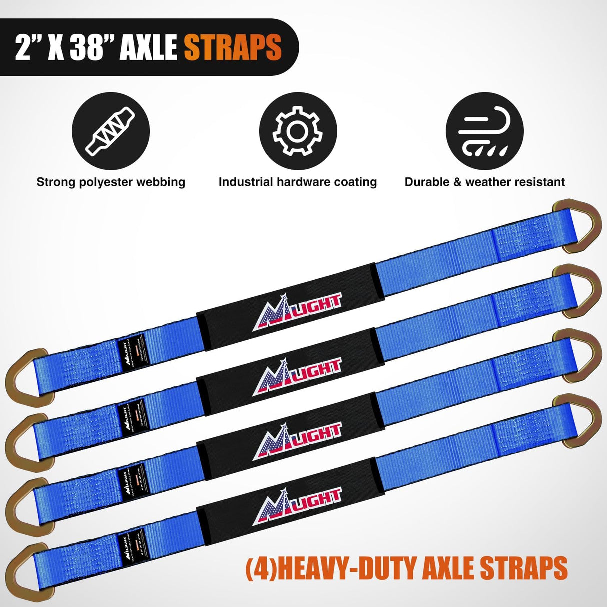 2 Inch x 38 Inch Axle Tie Down Straps with D-Rings & Protective Sleeves | 11,127 LBS Break Strength for Car Haulers Engine Hoists Trucks Trailers and UTVs 4 Pack Blue