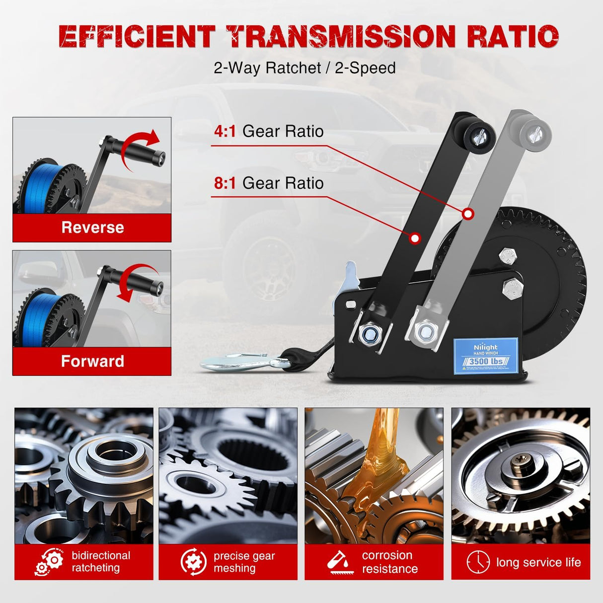 Boat Trailer Winch 3500 LBS Hand Crank Winch Heavy Duty Boat Winches with 33 FT Blue Strap Rope Hook Two Way Ratchet 4:1 8:1 Gear Portable Marine Manual Winch for Trailers Boat RV ATV Towing