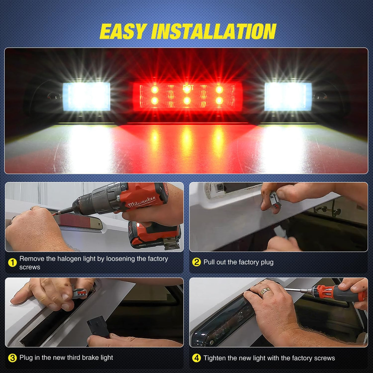 Third Brake Light Tail High Mount 3rd Stop Cargo Reverse Lights Smoked Lens Compatible with Ford F150 1994 1995 1996 F250 F350 Bronco 1992 1993 1994 1995 1996 1997 Pickup Truck Rear Cab Lamp