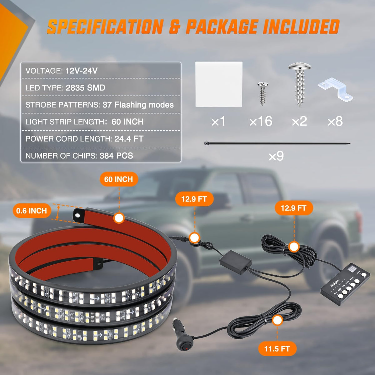 60 Inch Emergency Strobe Light Strips with Controller Red White | 384LED Flashing Warning Hazard Safety for Rear Window Tailgate on Truck Trailer Construction Plow Pickup Tow SUV Vehicles