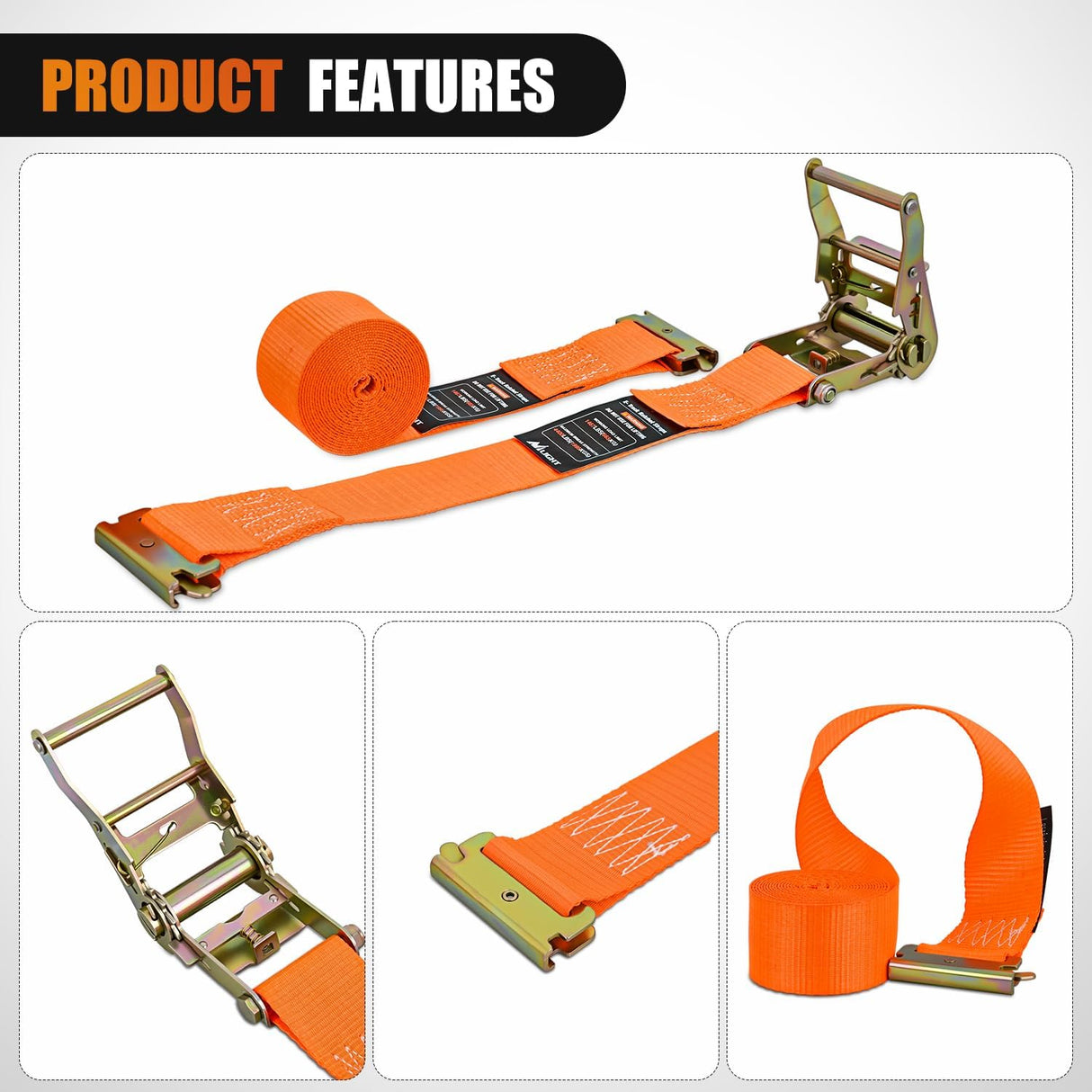 E-Track Ratchet Straps 8 Pack 2 Inch x 15 Inch Orange | Heavy Duty Cargo Tie-Downs 4400 lbs Breaking Strength Standard E Track accessories Fit for Cargo Vans Trucks Trailers