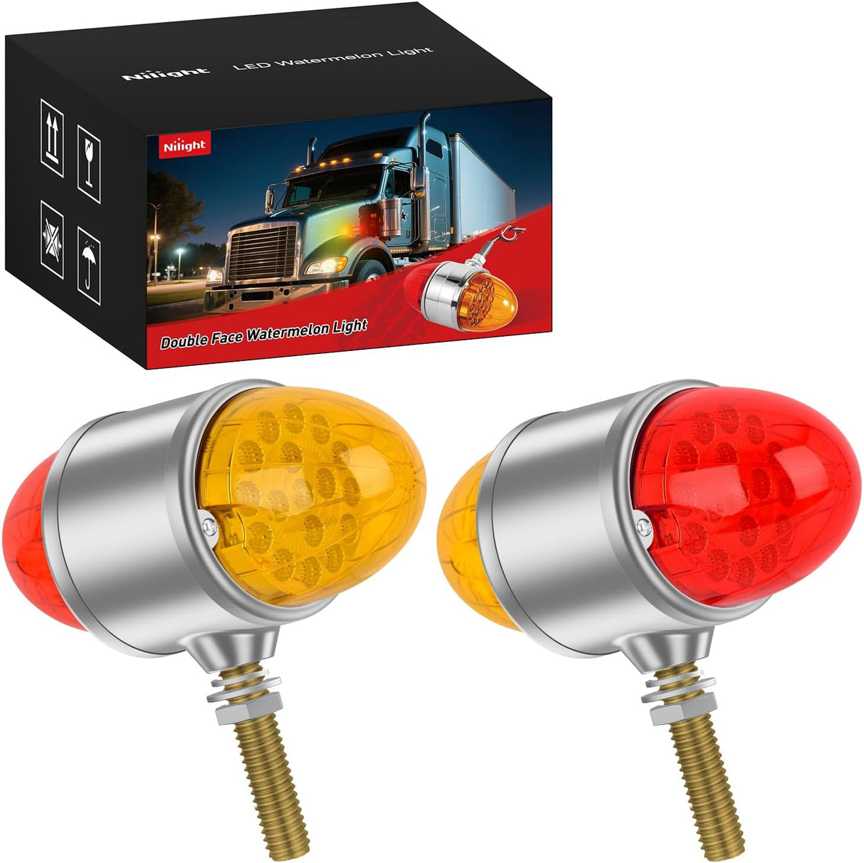 34 LED Dual Face Watermelon Light 2PCS Amber and Red Clear Lens Auxiliary Side Marker Clearance Turn signal Brake Pedestal Lights IP68 Waterproof for Trailer Semi Trucks Pickup Camper RV