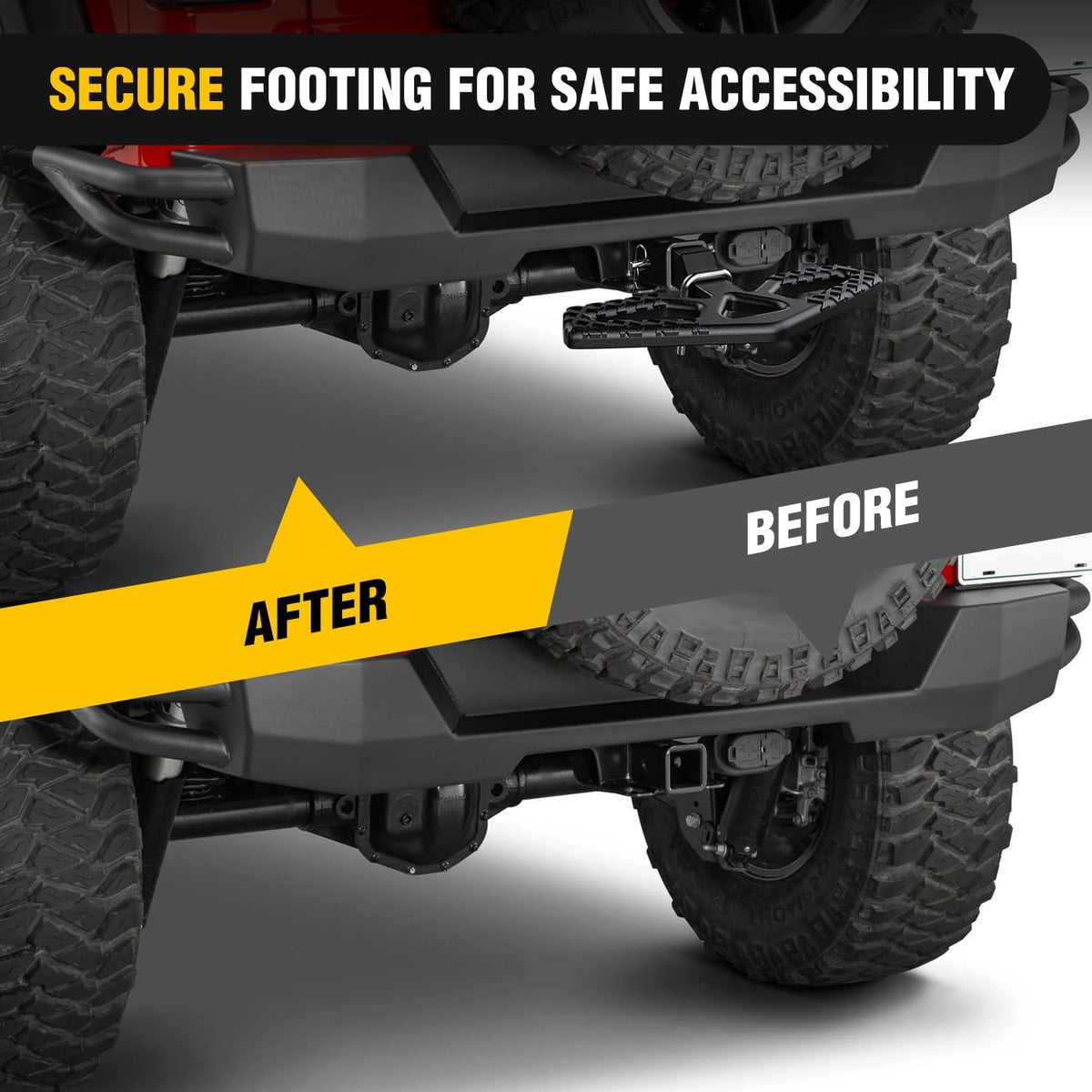Tow Hitch Step Bar 2 Inch Receiver Bumper Guard Jeep Truck SUV Van | Rear Bumper Protector Heavy Duty Steel 350lbs Capacity Wide Non-Slip 5/8 Inch Pin Clip Anti-Rattle Stabilizer Rust-Resistant