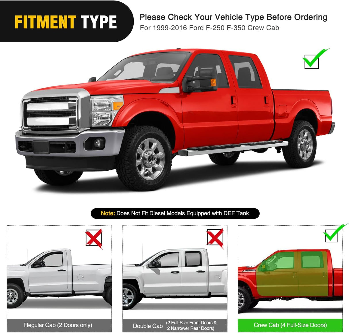 Running Boards for 1999 2000 2001 2002 2003 2004 2005 2006 2007 2008 2009 2010 2011 2012 2013 2014 2015 2016 Ford F-250 F-350 Crew Cab 4 Full Size Doors 6 Inch Bolt-on Step Nerf Bars Silver