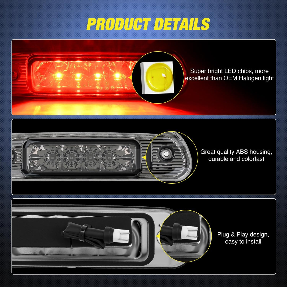 Third Brake Light for Jeep Cherokee 1999 2000 2001 2002 2003 2004 | for Jeep Cherokee 1999 2000 2001 2002 2003 2004, High Mount 3rd Stop LED Car Rear Cab Center Lamp Replacement, Smoked Lens