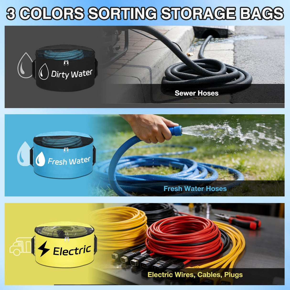 3 Pack RV Hose Storage Bag, Waterproof Utility Bag with Visible Cover & Dual Zipper Closure RV Storage and Organization for Sewer, Fresh Water Hoses Electrical Cords Camper Tools Accessories