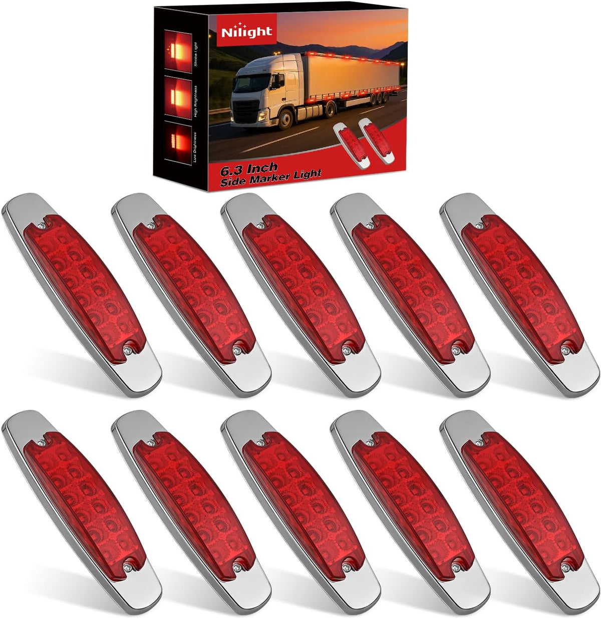 6.3 Inch Red Rectangle Side Marker Light with High Low Strobe | 12 LED IP67 Waterproof Chrome Bezel 12V Surface Mount Marker & Clearance Light Fits Pickup Trucks Trailers RVs Boats,10 Pack