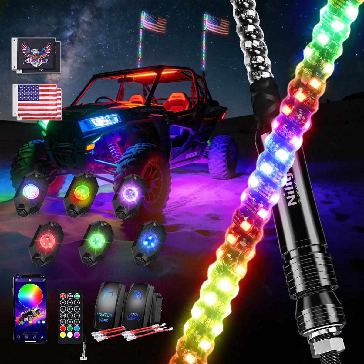 RGB LED Whip Light 2PCS 4FT with 6 Rock Lights Combo | APP and Remote Control with DIY Chasing Patterns Stop Turn Reverse Modes and Spring Base for ATV UTV RZR and Jeep