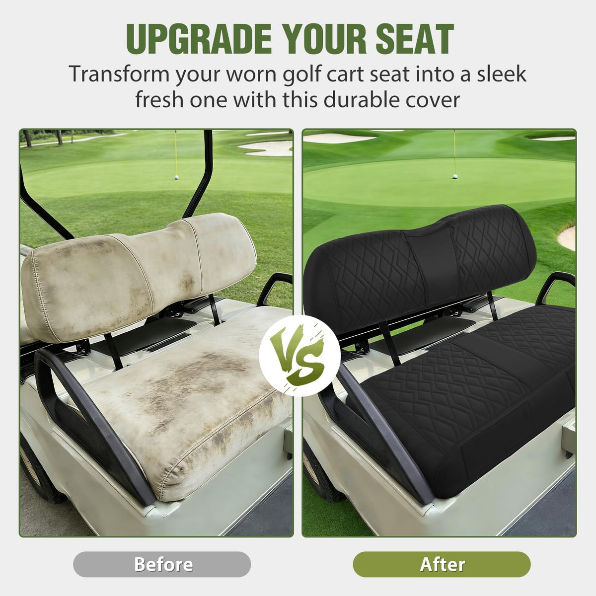 Golf Cart Front Seat Cover 1PC Black Leather Club Car DS | Waterproof Leather No Staple Design All Season Protection Sun Scratch Resistant Cover Fits 2000-2026 Club Car DS