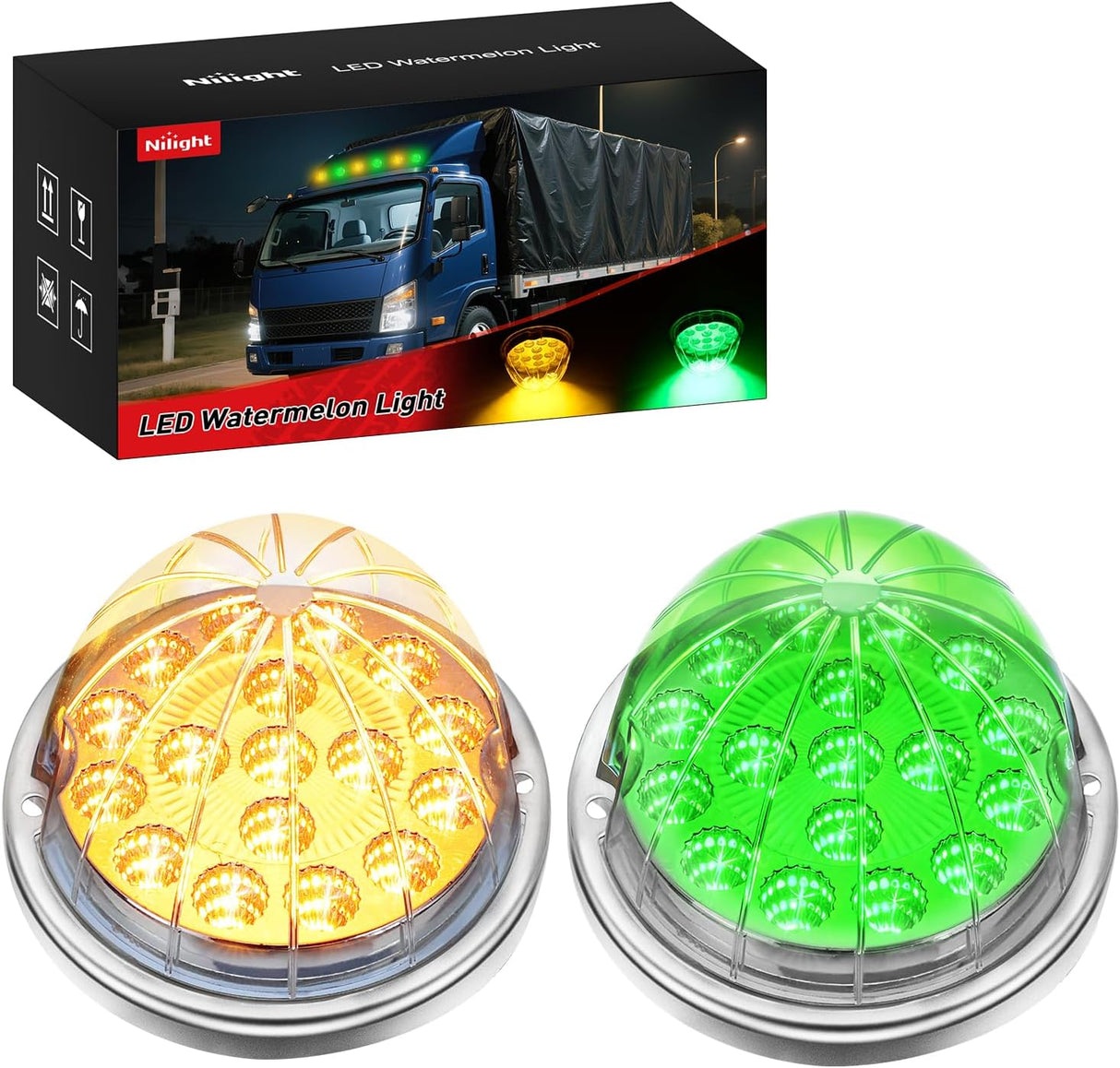 Watermelon Light 17 LED Dual Color 2PCS Stainless Steel Bezel Amber to Green Side Marker Clearance Turn Signal Lights 4 Plug IP68 Waterproof for Trailer Truck Pickup Camper RV ATV UTV Boat