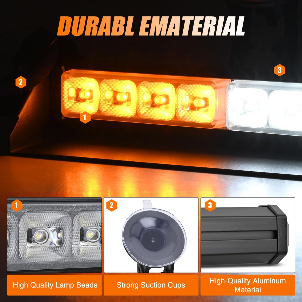 8LED Amber White Traffic Advisor Strobe Light Bar Hazard Safety | with Vacuum Suction Emergency Dash Warning Flashing Lights Front/Rear Windshield Visor for Truck Police Construction Vehicles