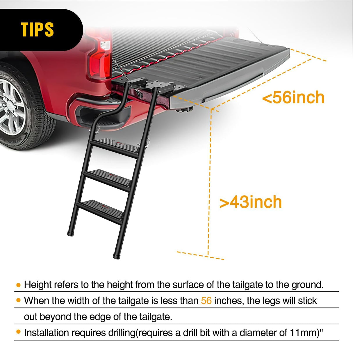 Universal Foldable Pickup Truck Tailgate Ladder | Truck Bed Step for Pickup, Features Non-Slip Wide Pedal, Stainless Steel Self-Drilling Screws, Sturdy Rubber Feet