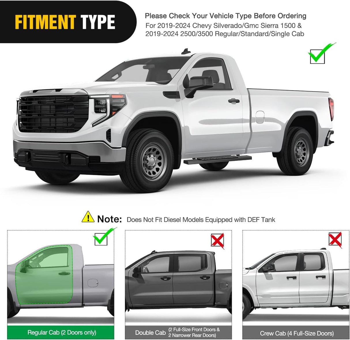 Running Boards for 2019-2026 Chevy Silverado GMC Sierra 1500, 2500, 3500 Regular Standard Single Cab 6 Inch Side Step Nerf Bars Black