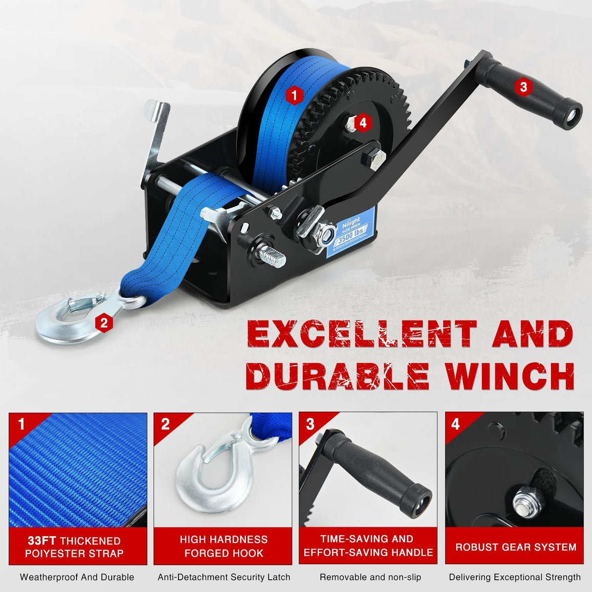 Boat Trailer Winch 3500 LBS Hand Crank Winch Heavy Duty Boat Winches with 33 FT Blue Strap Rope Hook Two Way Ratchet 4:1 8:1 Gear Portable Marine Manual Winch for Trailers Boat RV ATV Towing