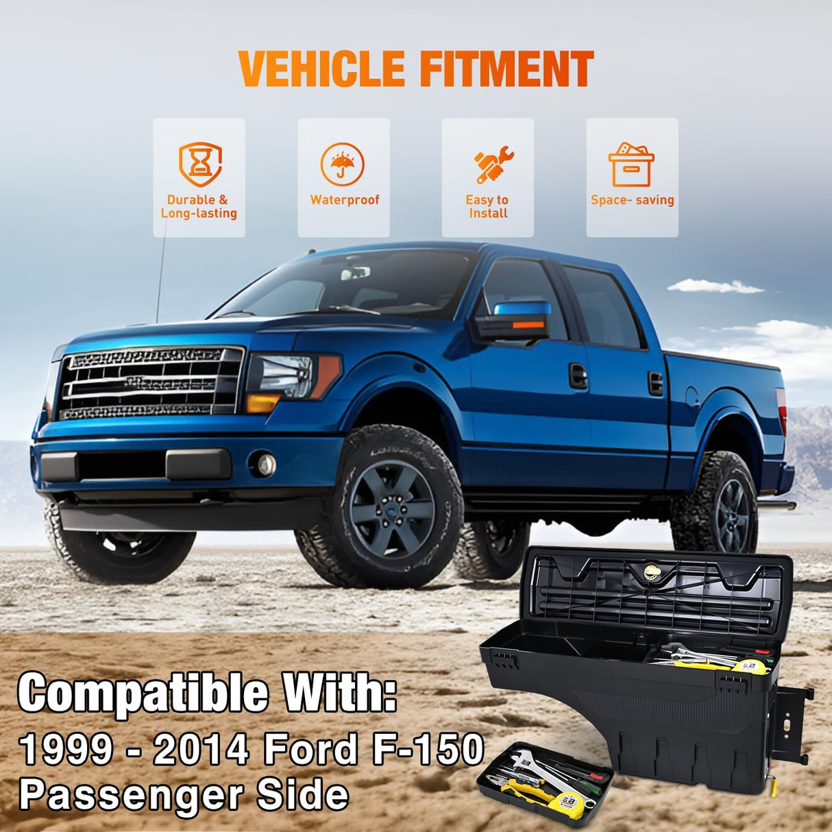 Truck Bed Tool Box Right Passenger Side Truck Tool Box Fit for Ford F-150 1999-2014 ABS Swing Case Truck Bed Storage Box with Lockable Lid Waterproof Wheel Well Toolbox Black