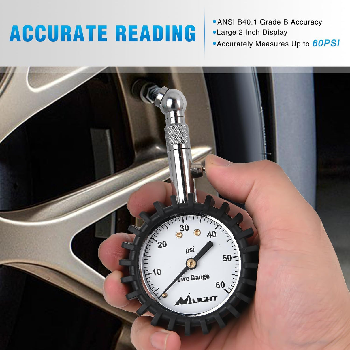 Tire Pressure Gauge 60PSI Heavy Duty Stainless Steel Air Chucks ANSI B40.1 Certified Large 2 Inch Dial Wheel Service Checker for Truck Semi Truck ATV Motorhome Cars & RV Accessories