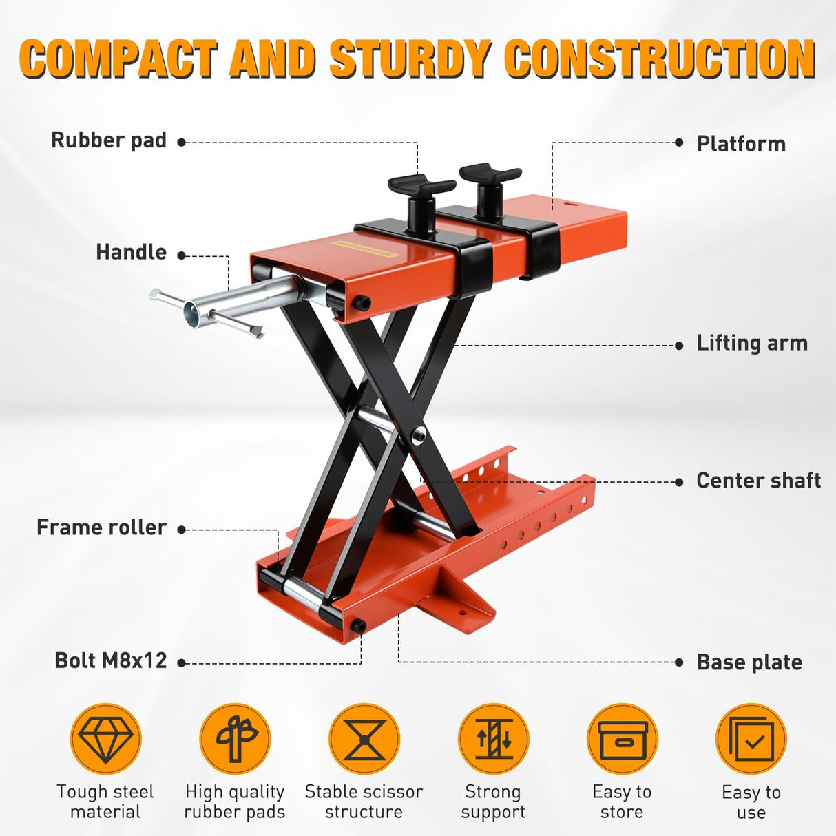 Motorcycle Lift 1100 LBS ATV Scissor Jacks with Saddle Safety Pin Crank Handle 3.7 Inch-15.7 Inch Hoist Stand Heavy Duty Steel Lifter Jack for Motorcycles Dirt Bike Garage Storage Repair Tool, Orange
