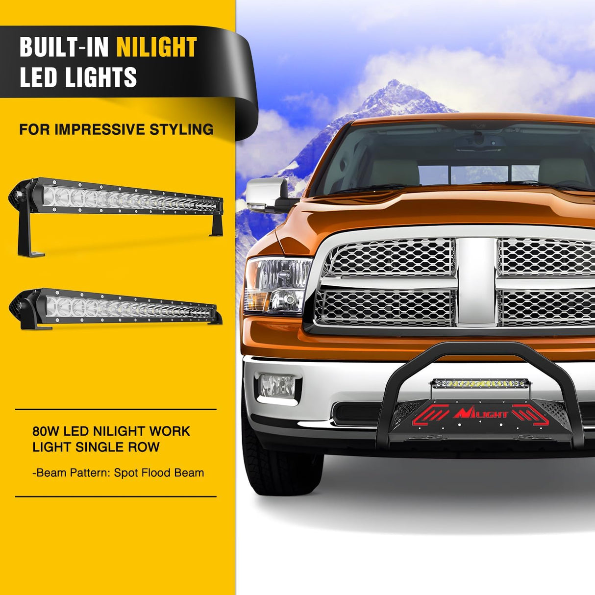 Bull Bar with Light Bar&License Plate Hole for 2009-2018 Dodge Ram 1500&2019-2024 RAM 1500 Classic (Exl Rebel Sport) Truck Brush Guard Front Bumper Push Bar w/Grille Skid Plate Light Mount
