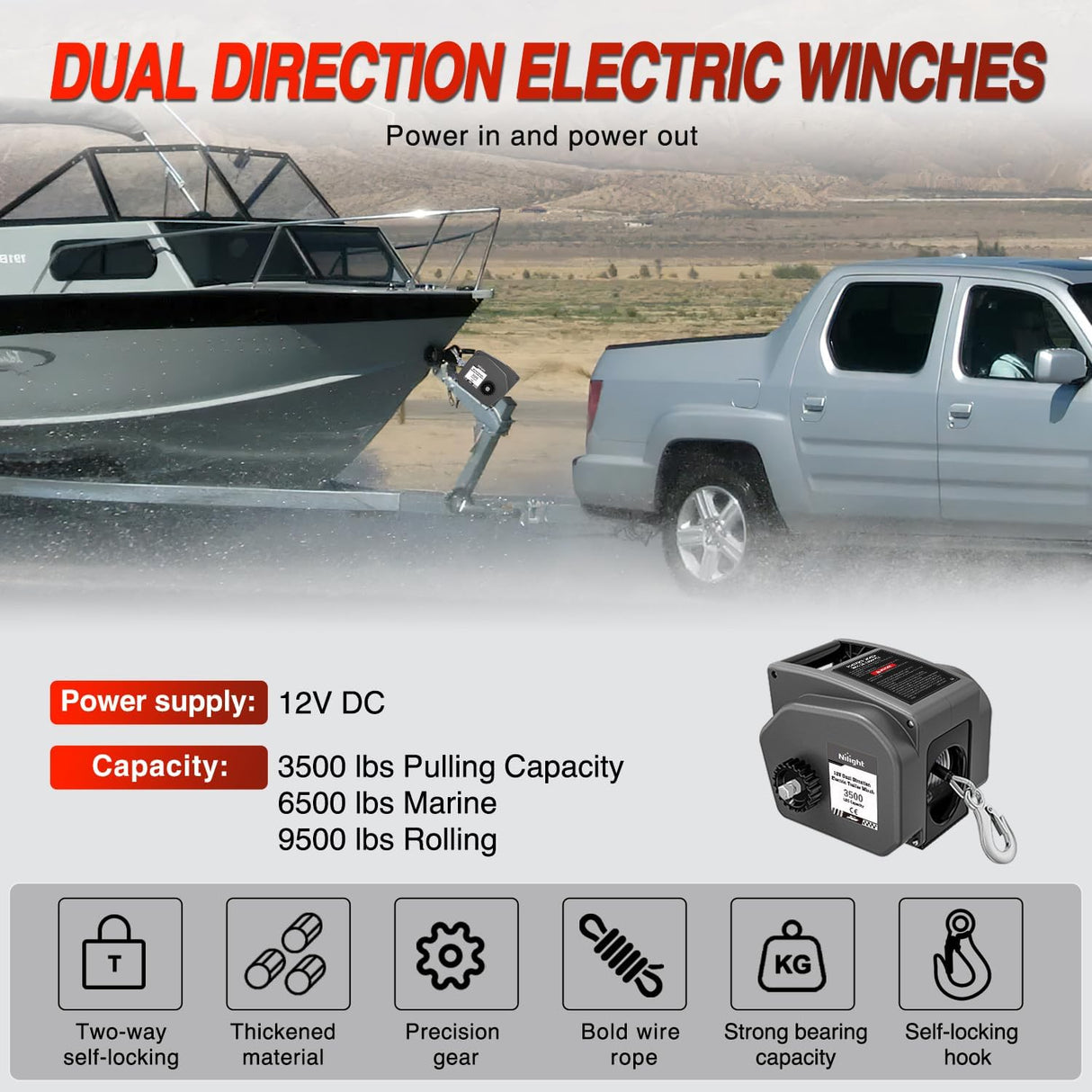 Boat Trailer Winch 3500 lbs Portable Electric Boat Winches 12 V DC Marine Winch with Steel Cable Remote Control & Hand Crank Power-in Freewheel Operat Waterproof Winch for Boat Trailer, Gray