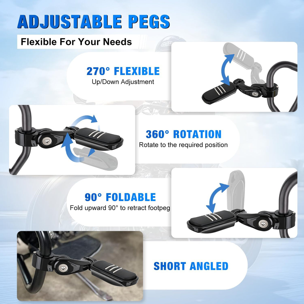 1-1/4 Inch Motorcycle Highway Pegs For Harley Davidson Touring Road King Street Glide Sportster Adjustable Short Angled Foot Pegs Universal For 1.25 Inch Engine Guard Crash Bars Highway Footpegs Black