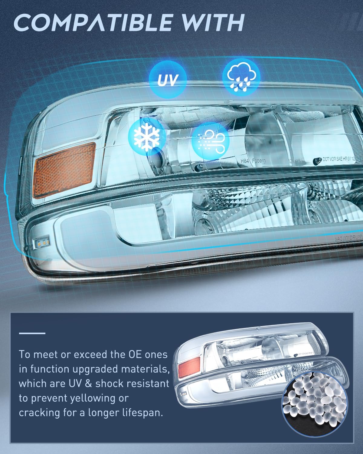 LED DRL Headlight Assembly for 1999 2000 2001 2002 Chevy Silverado 1500 1500HD 2500 2500HD 3500 Chevrolet Tahoe Suburban Replacement Headlamp Clean Lens Chrome Housing Amber Bumper Lights Set