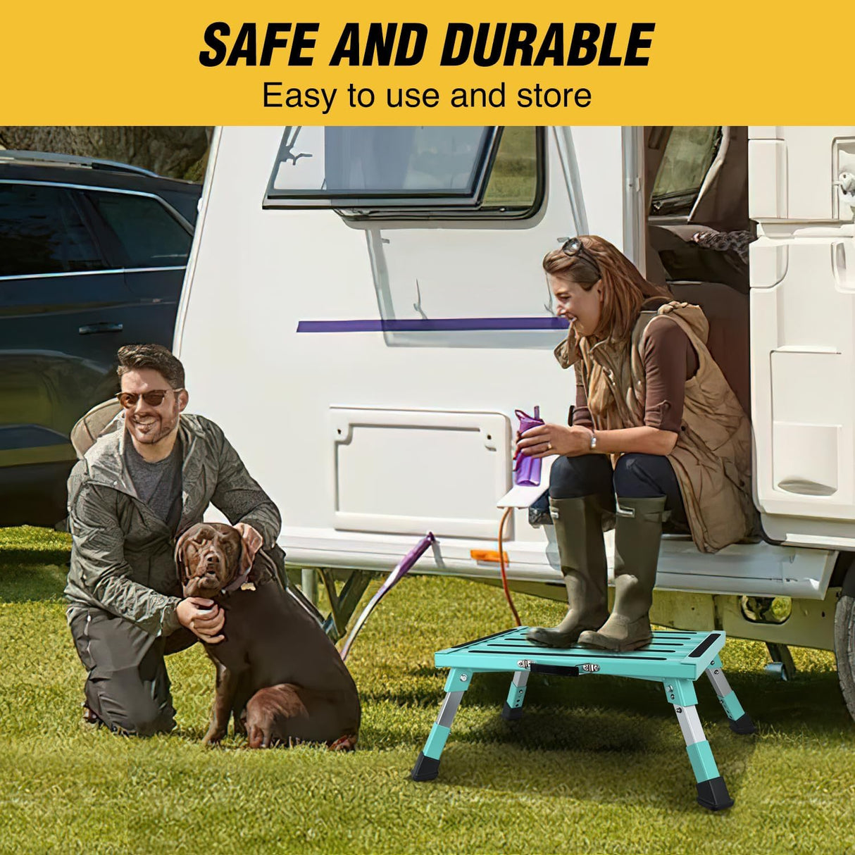 RV Step Stool Aluminum Folding Platform Steps 19x14.5 RV Steps 4 Levels Adjustable Heavy Duty Step Stool with Anti-Slip Surface Rubber Feet Portable Handle 500lb for Camper Trailer,Mint Green