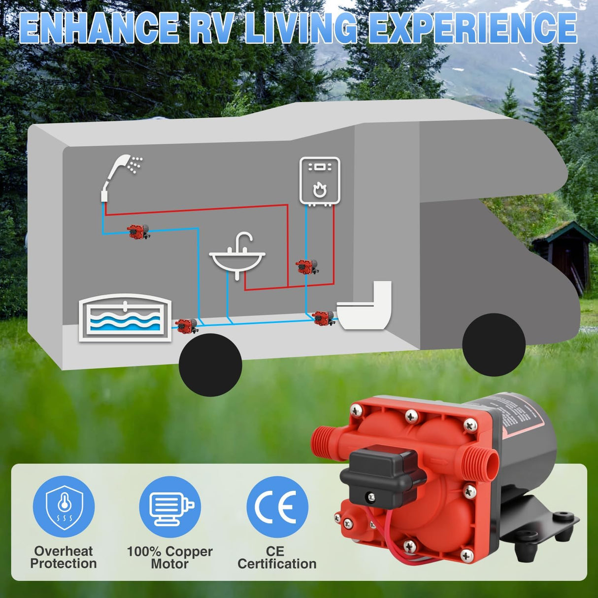RV Water Pump, 12v Water Pump 3.0 GPM 55 PSI with Pressure Switch and Strainer Heavy Duty Diaphragm Pump 12 Volt DC Upgrade Self-Priming Low Noice for RV Camper Marine Yacht Caravan Trailer