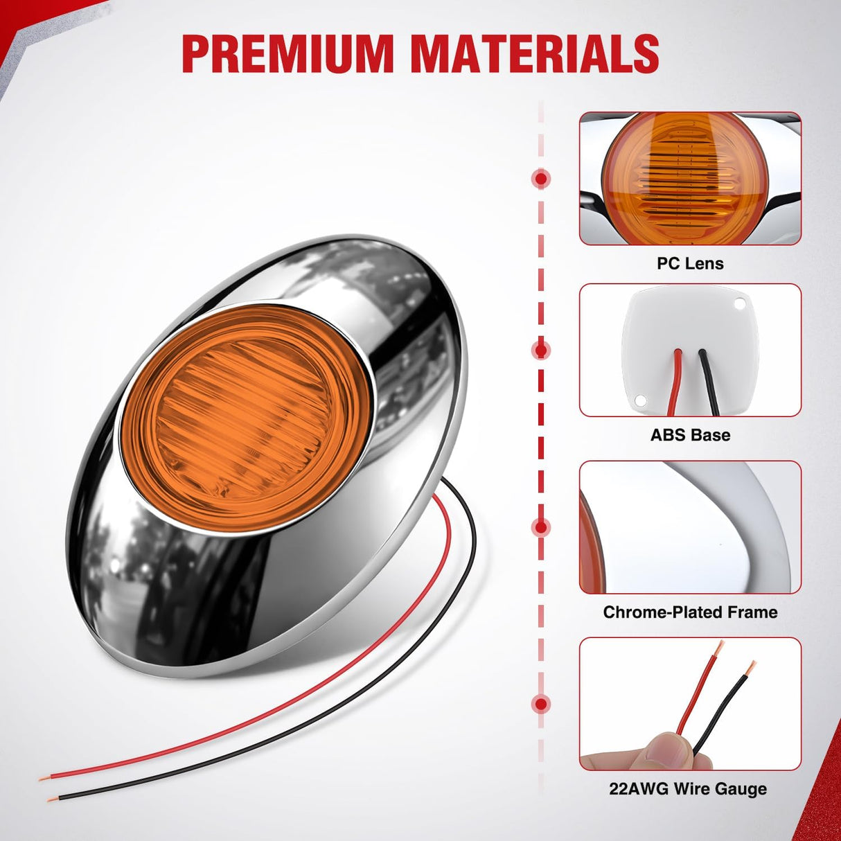 3 Inch Oval LED Trailer Marker Light, Chrome Bezel Amber Lens | 10 Pack IP67 Waterproof 12V Surface Mount Marker & Clearance Light, Fits Semi Trucks Trailers RVs Pickup Trucks Vans