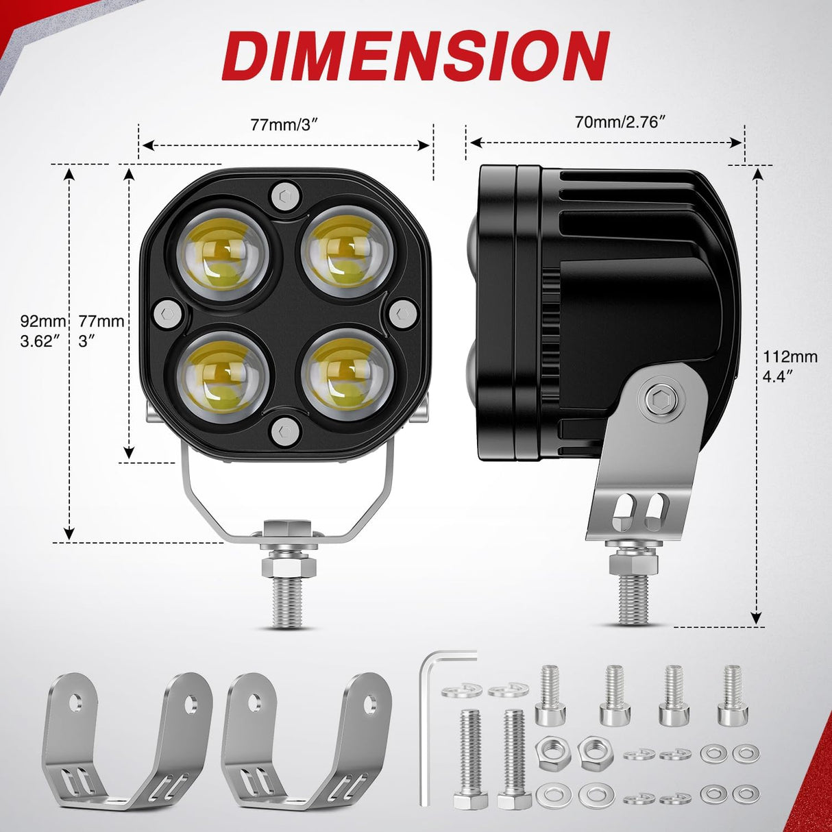 7/8 Inch Handlebar LED Light Pods 3 Inch White Amber Dual Color | 2 PCS 40 W Spot Beam Driving Fog Auxiliary Offroad Lamp with 16AWG Wiring Harness Kit for 12V Motorcycle Motorbike Dirt Bike
