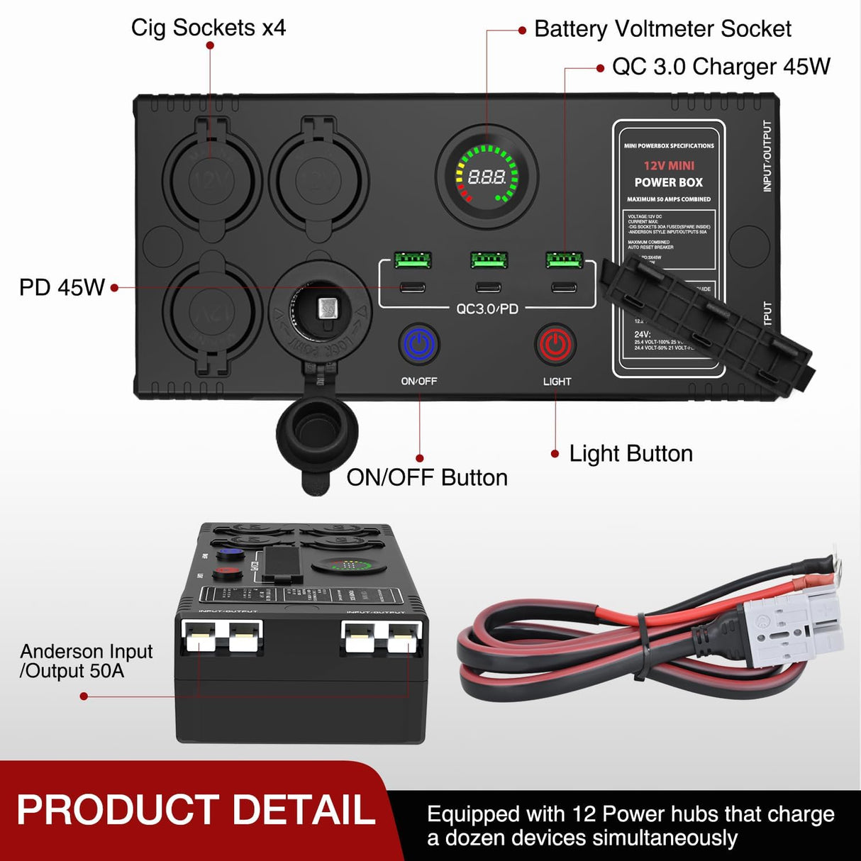 Mini Power Box 12V 24V DC Compact Design Distribution Box Plug & Play Multi Ports -2 Anderson, 3 USB, 3 USB-C, 4 Cig Sockets Perfect for Outdoors Camping Fishing RV 4Wd Caravans Emergency