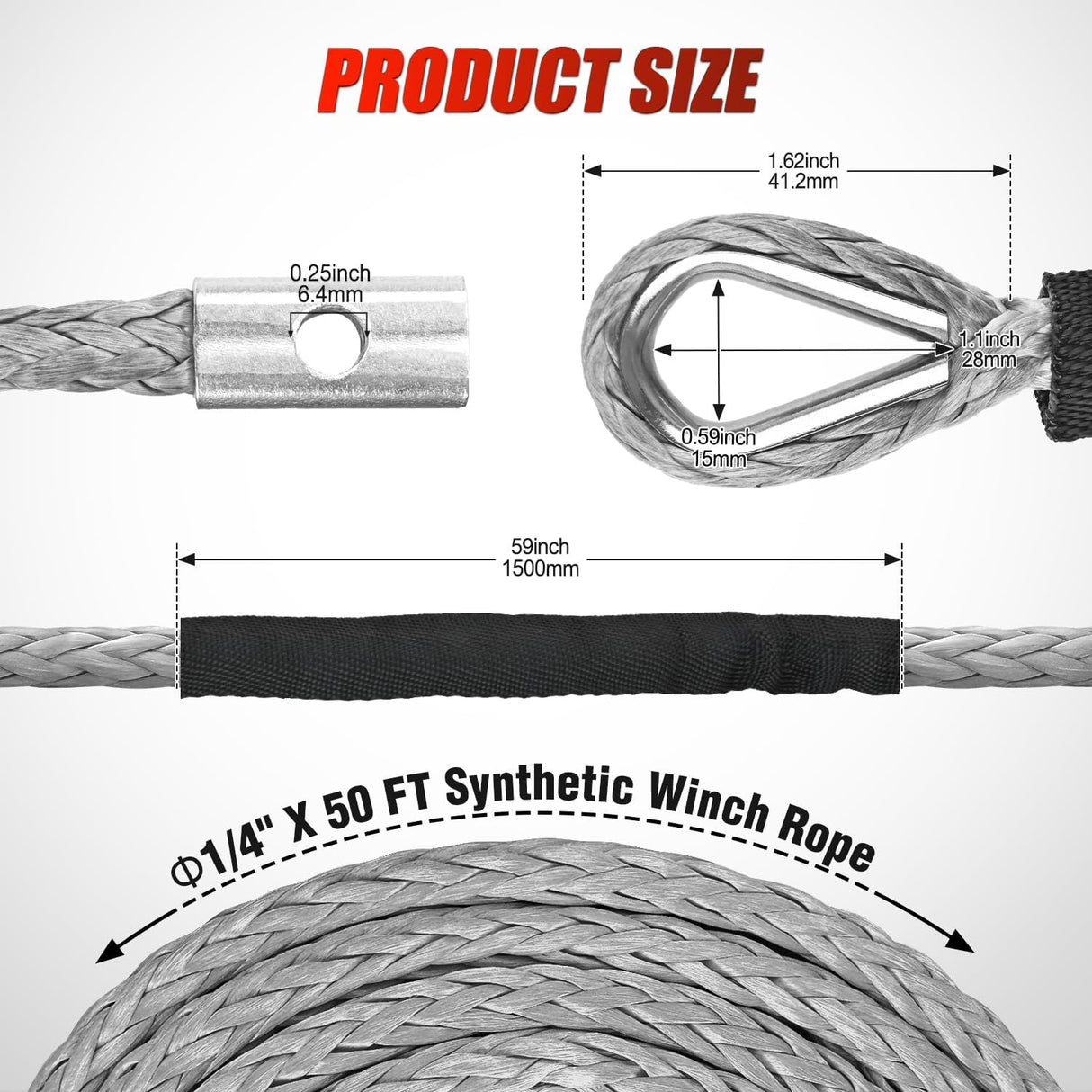 Winch Rope 1/4 Inch x 50 Feet 9000 LBS Synthetic Winch Line Cable with Black Protective Sleeve for ATV Towing Winches with Synthetic Ropes UTV Truck Boat SUV Vehicle, Grey