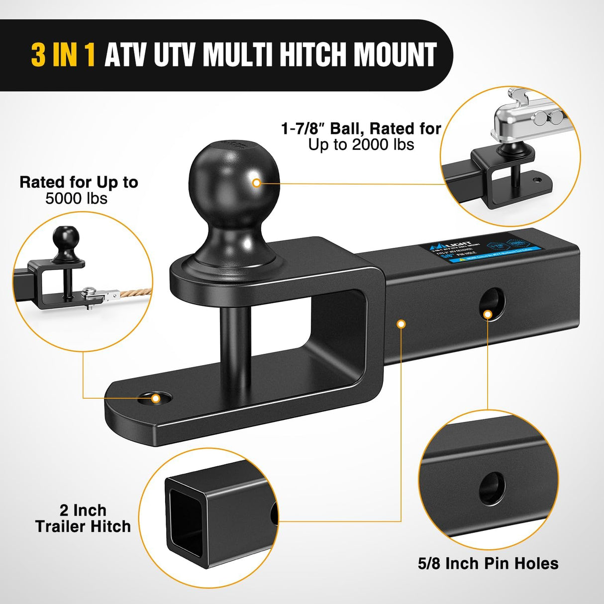 3 in 1 ATV UTV Multi Hitch Mount with 2 Inch Receiver 1-7/8 inch Ball Hitch Rated 2000 LBS Winch Strap Loop Rated 5000 LBS