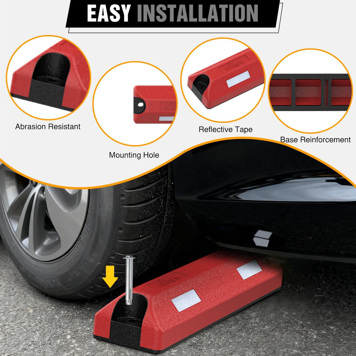 Rubber Parking Curbs 2 Pack - Heavy Duty 22 Inch Garage Wheel Stops Parking aid Block for Driveway & Parking Lot, Red