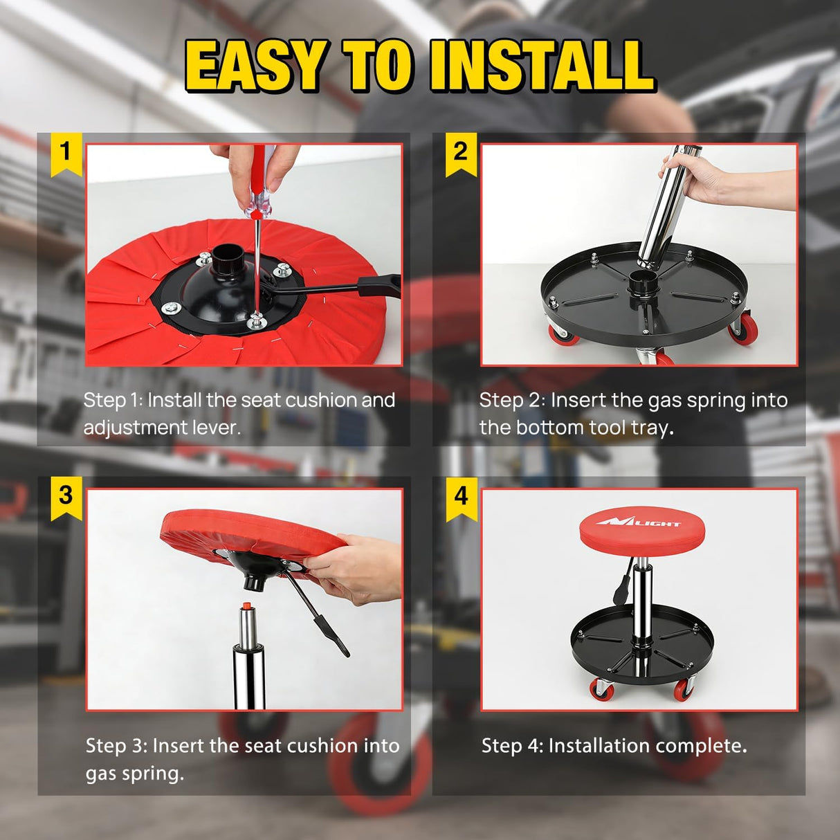 Rolling Mechanic Stool 330LBS Pneumatic Adjustable Swivel PU Seat | 360° Swivel Casters Steel Tool Tray Waterproof Seat for Garage Auto Repair Shop Workshop Warehouse Heavy Duty Workbench Stool