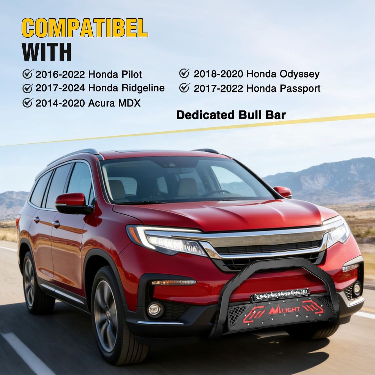 Bull Bar with Light fits 2016-2022 Honda Pilot, 2017-2024 Ridgeline, 2018-2020 Odyssey, 2017-2022 Passport, 2014-2020 Acura MDX Front Bumper Grille Brush Guard w/Skid Plate Licence Plate Hole