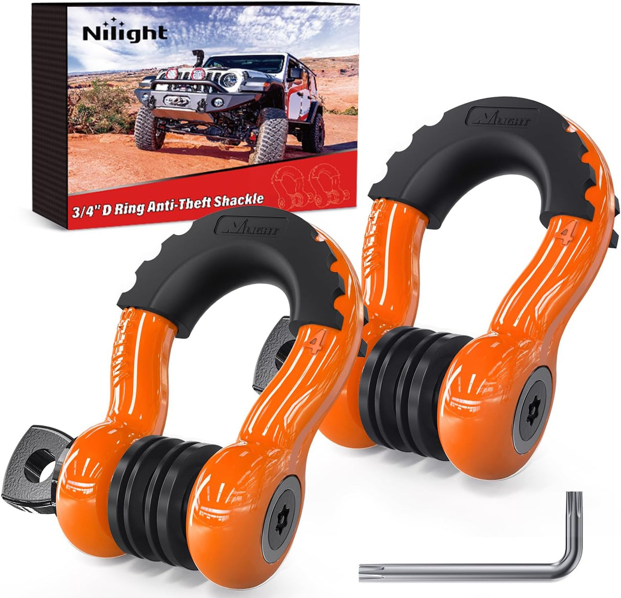 3/4 Inch D Ring Anti-Theft Shackle Tow Hook Jeep Truck SUV ATV UTV | Off Road Recovery Gear 19T 41,887 lbs Break Strength 4.75T WLL Rust-Resistant Anti-Rattle Isolators Heavy Duty Orange 2pack