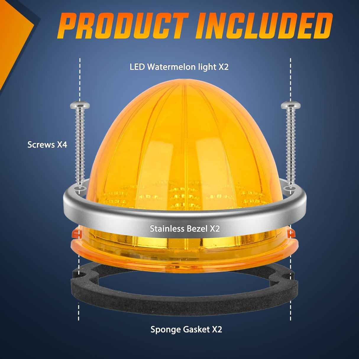 Watermelon Light 17 LED Triple Function 2PCS Amber Lens Stainless Steel Bezel Marker Clearance Strobe Turn Signal Lights 4 Plug IP68 Waterproof for Trailer Truck Pickup Camper RV ATV UTV Boat