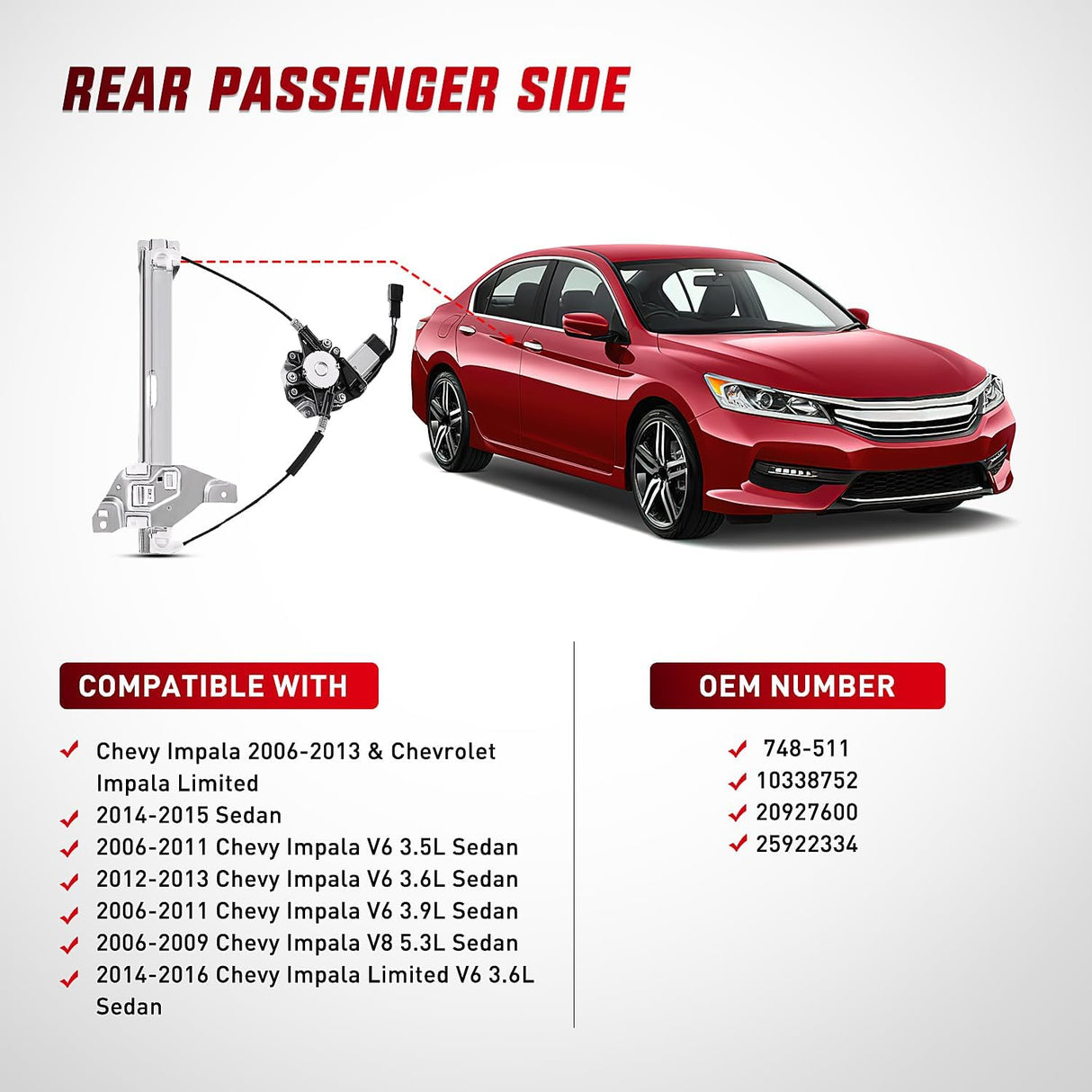 Window Regulator 2006-2013 Chevrolet Impala 2014-2016 Impala Limited Rear Passenger Side Power Window Regulator