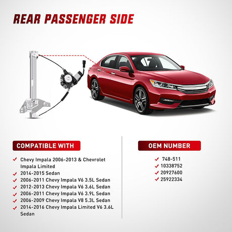 Window Regulator 2006-2013 Chevrolet Impala 2014-2016 Impala Limited Rear Passenger Side Power Window Regulator