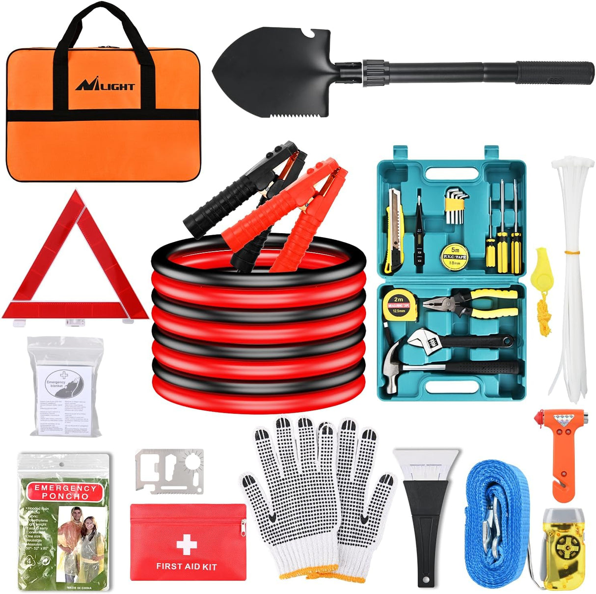 Car Emergency Kit with Jumper Cable Air Compressor Tire Repair Essential Tools First Aid Alligator Connector Electrical Kit for Travel Camping Outdoor Cars Truck SUV RV