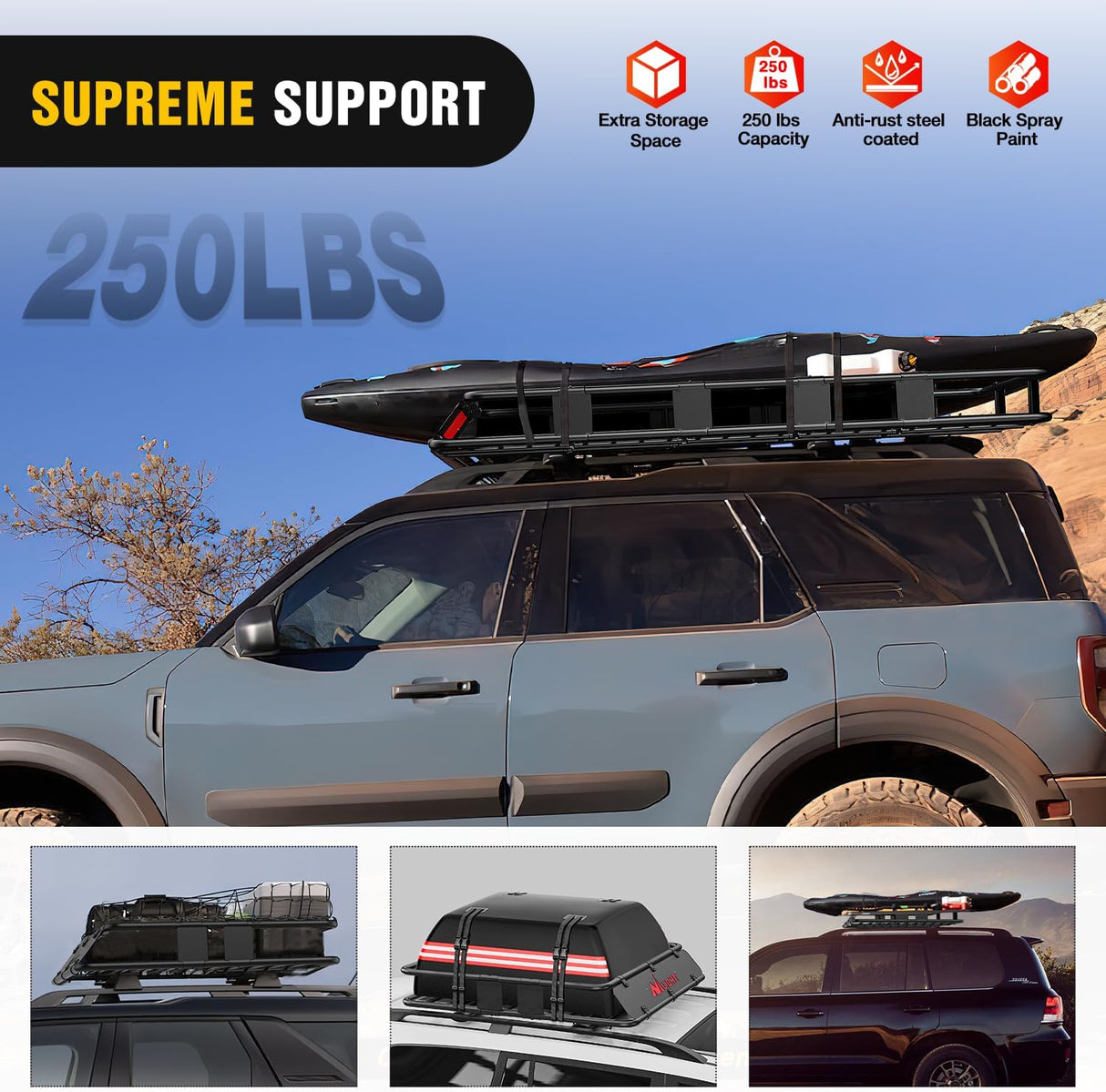 84 Inch x 39 Inch x 6 Inch Universal Roof Rack Cargo Basket Heavy-Duty 250LBS Capacity Rooftop Cargo Carrier with Cargo Net Ratchet Straps Luggage Holder for SUV Truck Vehicle