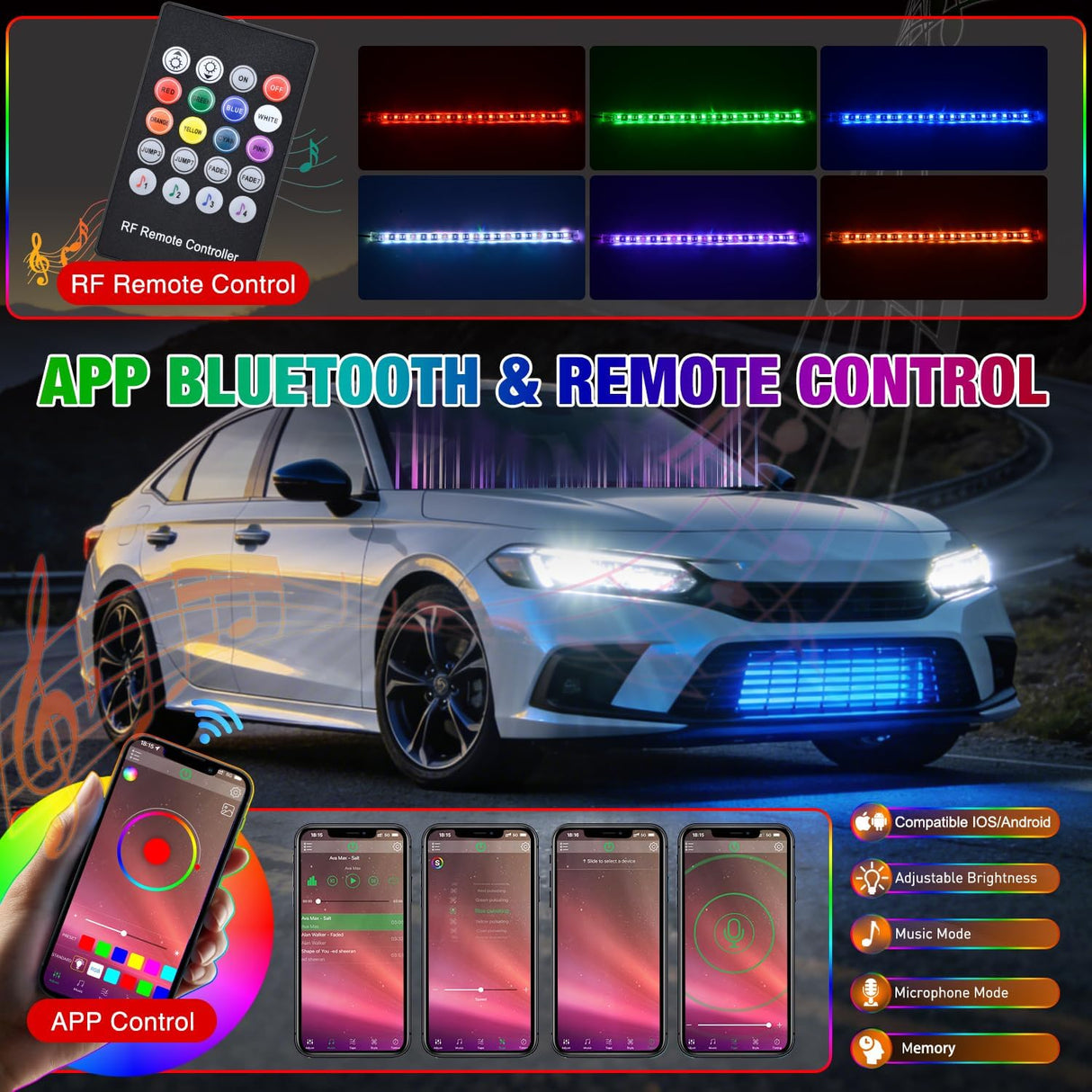 4PCS 12 Inch RGB LED Grille Light Strips with APP & Remote Control | 72 LEDs Multi Color Exterior Lighting Kit DIY Sound Active Function Music Mode for Cars Van SUV Truck