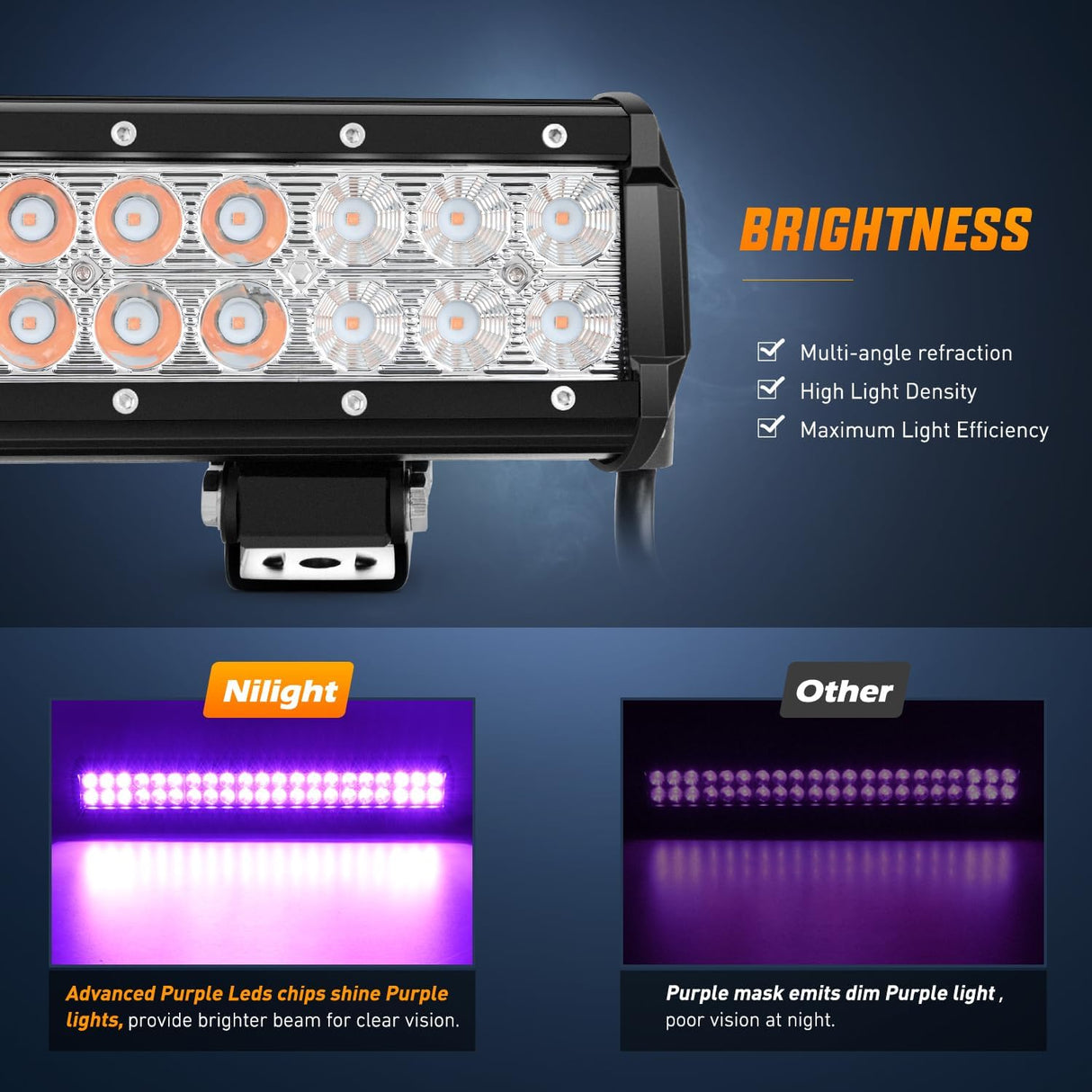 LED Light Bar 20 Inch 126W Spot Flood Combo Purple Beam Off Road Lamp Fishing Hunting Emergency Deck Work Lighting for Trucks UTV Pick-up Van Boat Tractor