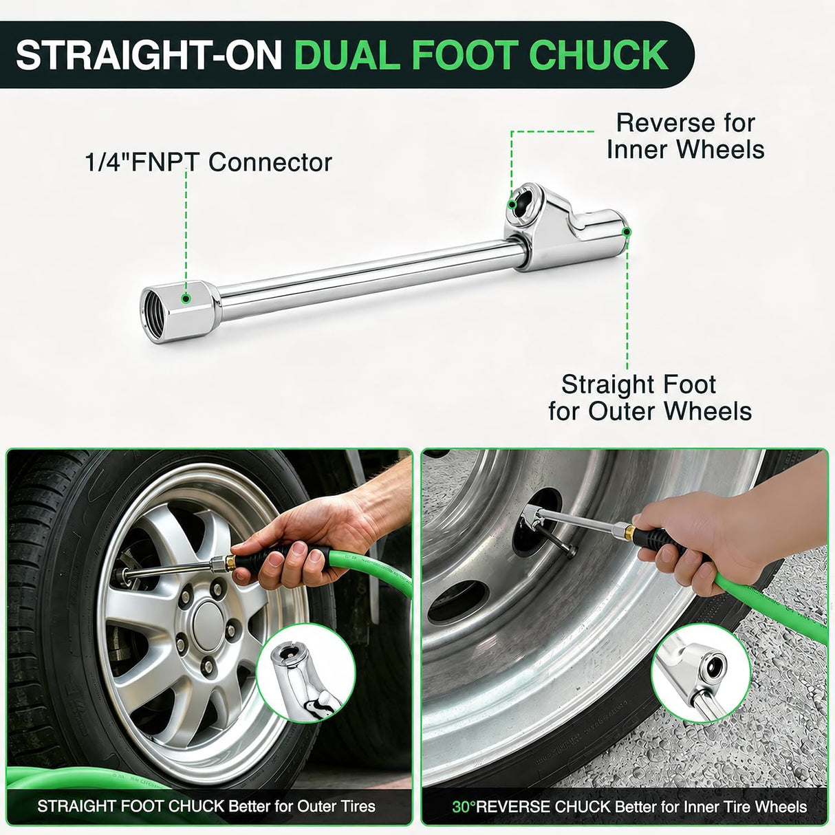 Heavy Duty Truck Tire Inflator Kit 3/8 in x 50 FT 300 PSI | Hybrid Air Hose with Universal Glad Hand and Air Chuck Lightweight Kink Resistant Semi Trailer Tractor Tire Inflation Hose